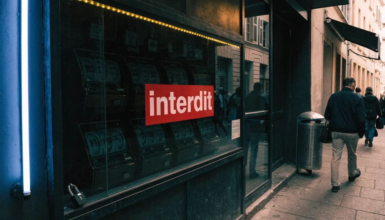Vitrine fermée avec silhouettes de machines à sous et panneau rouge