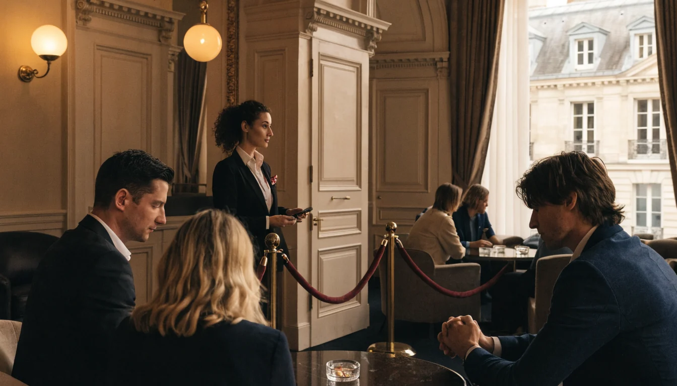 Salon d'hôtel parisien avec croupier derrière une barrière
