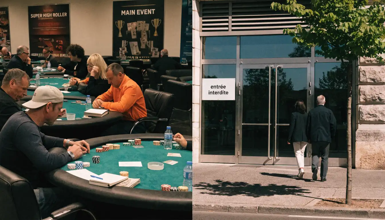 Scène divisée entre tournoi de poker et entrée de casino interdite